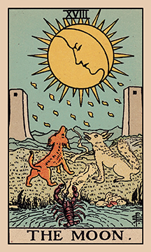 The Moon tarot card illustration from the Rider–Waite–Smith deck